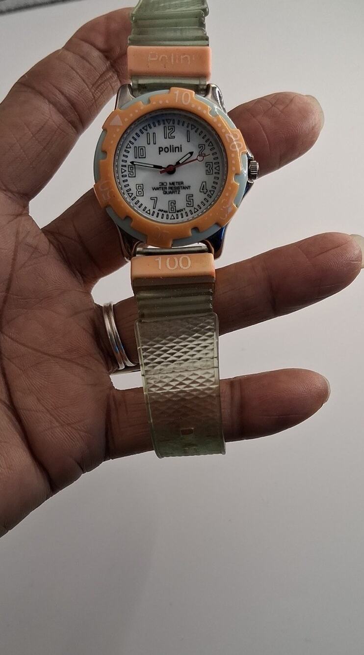 Vintage Polini Quartz Watch Peach Blue Bezel Translucent Clear Jelly Band Y2K